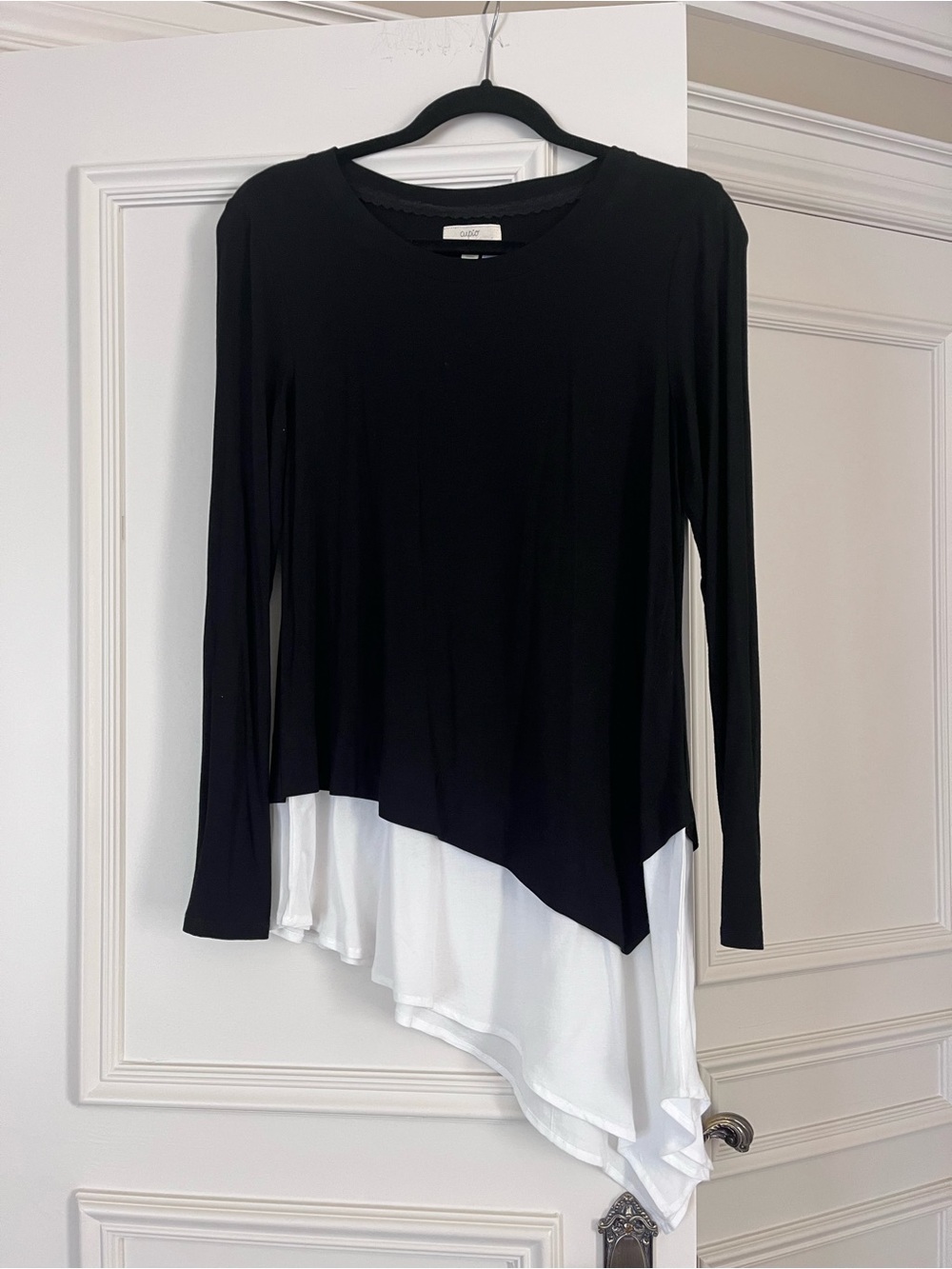 Black Long Sleeve Layered Hem Top with White Asymmetrical Layer